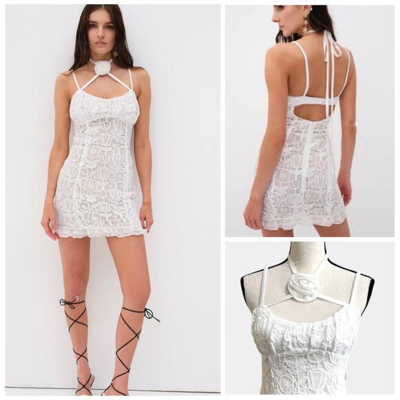 For Love & Lemons NWT White Lace Floral Choker Neck Harriet Mini Dress Medium - Picture 1 of 16